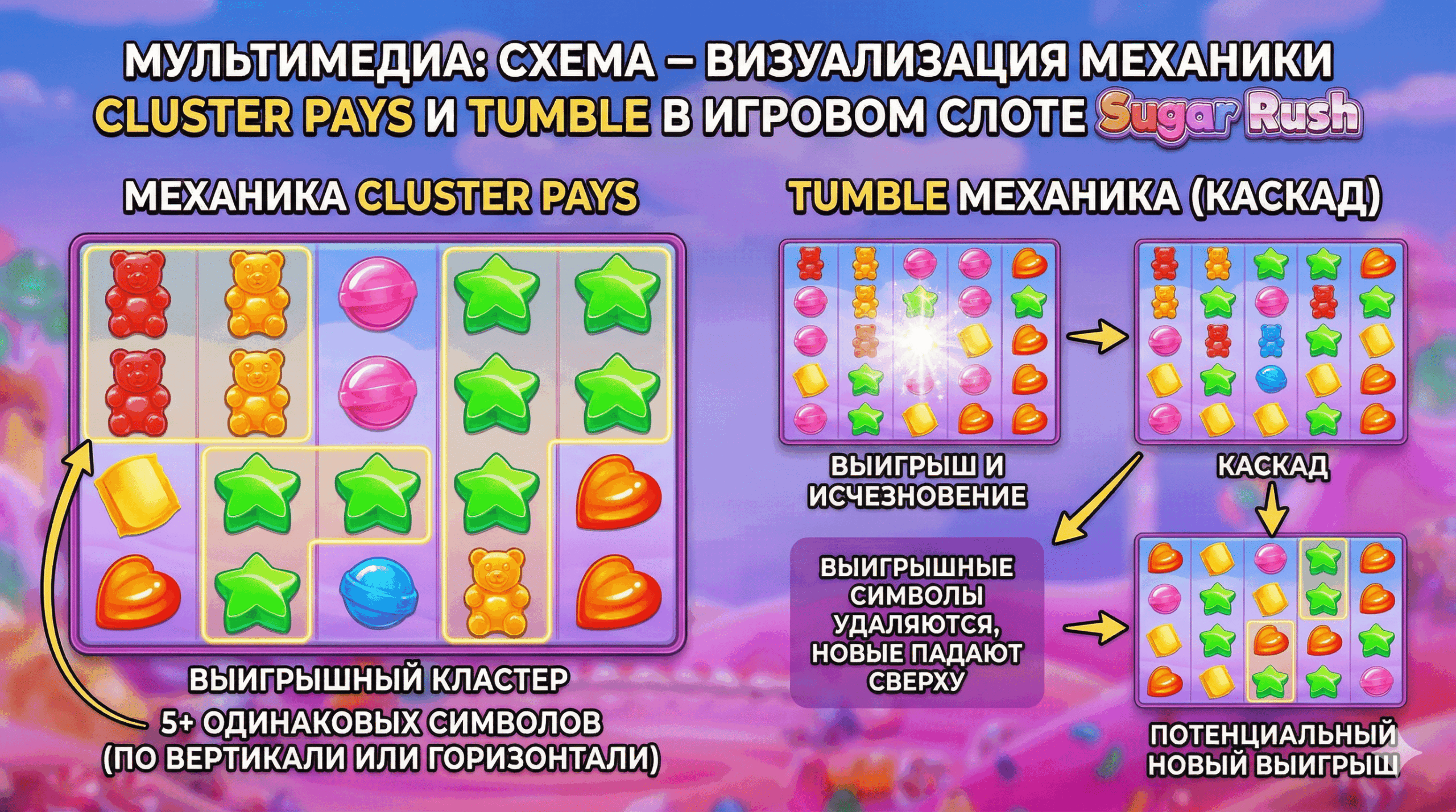 визуализация механики Cluster Pays и Tumbl