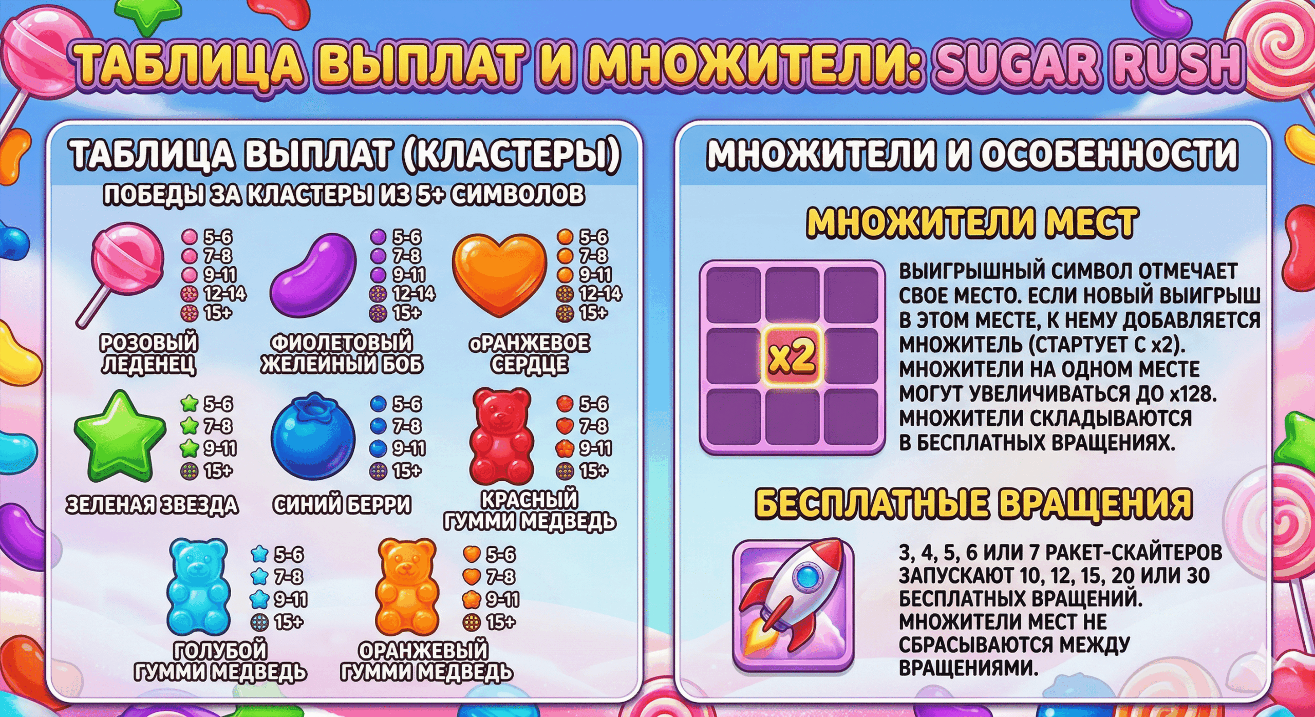 Таблица выплат и множители в слоте Sugar Rush